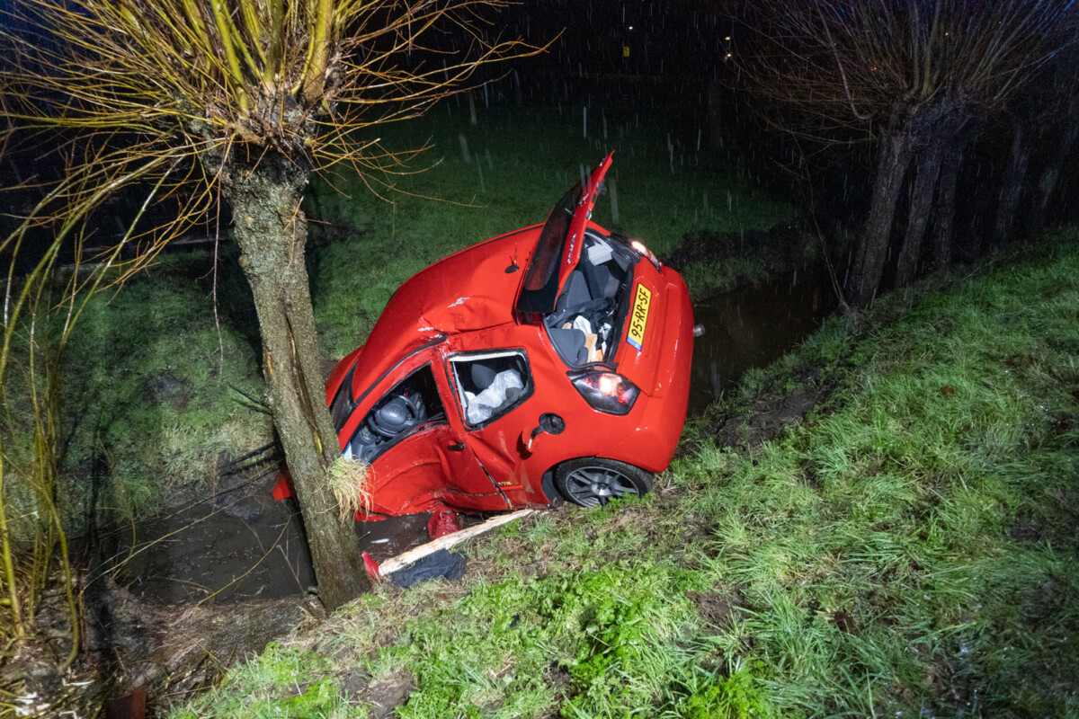Automobilist botst tegen boom en raakt te water in Bleskensgraaf